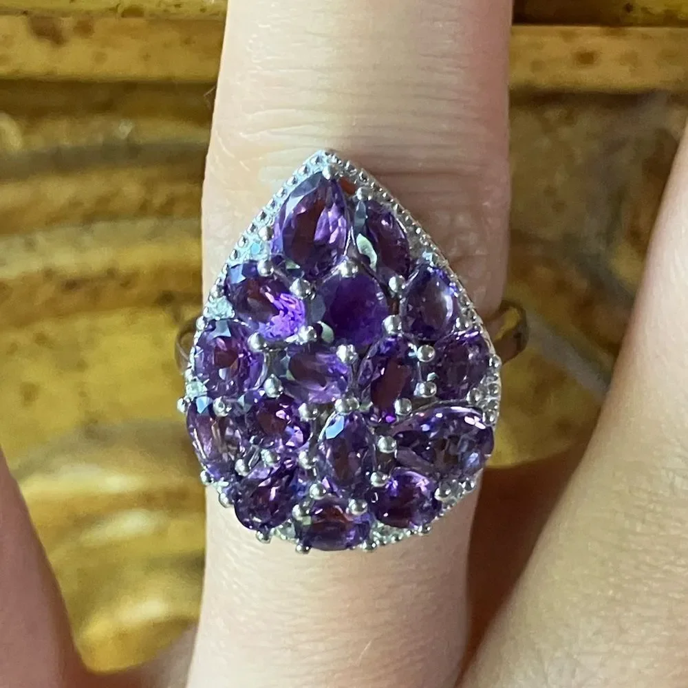 Natural Amethyst White Zircon Sterling Silver Cocktail Ring Size 7